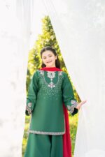 Forest Green – Embroidered Cotton Lawn 3-Piece Pakistani Dress for Girls | Triple