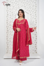 Berry Charm – Reddish Maroon Sequin Luxury Pret Gown 3-Piece for Women | Triple