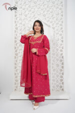Berry Charm – Reddish Maroon Sequin Luxury Pret Gown 3-Piece for Women | Triple