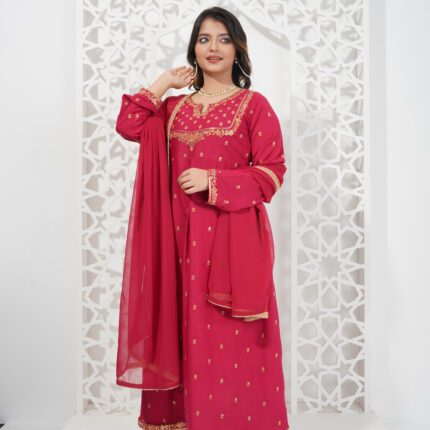 Berry Charm – Reddish Maroon Sequin Luxury Pret Gown 3-Piece for Women | Triple