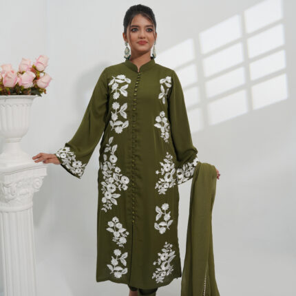 Elivora – Olive Embroidered Luxury Pret 3-Piece Set for Women