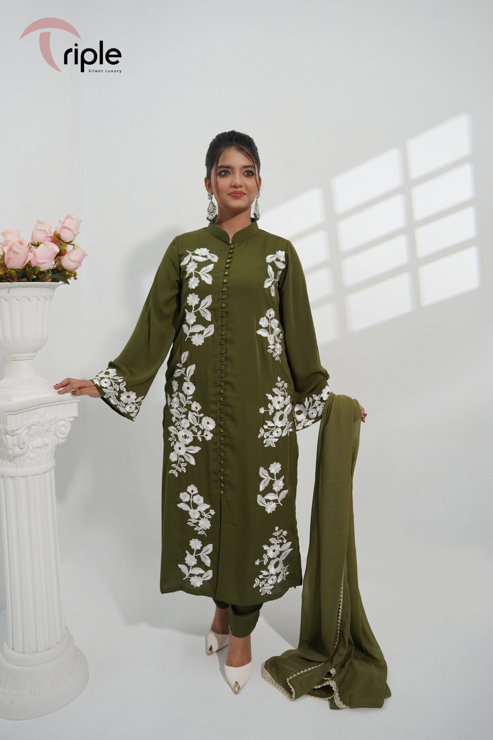 Elivora – Olive Embroidered Luxury Pret 3-Piece Set for Women