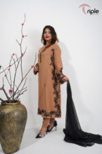 Nira Glow – Brown Embroidered Luxury Pret 3-Piece Set for Women | Triple