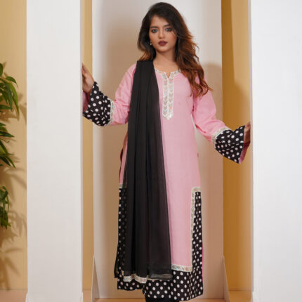 Pink Edge – Pink & Black Polka Dot Luxury Pret 3-Piece by Triple Bangladesh