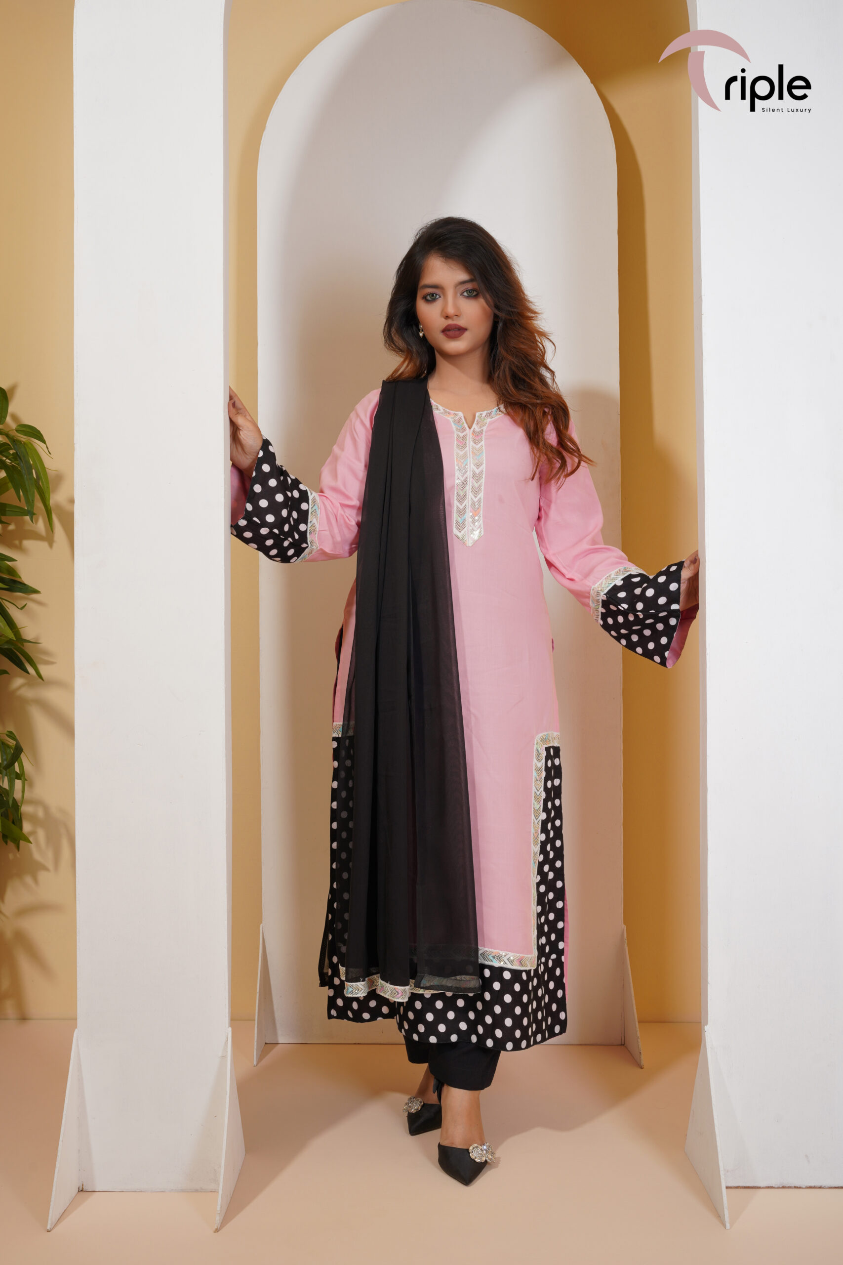 Pink Edge – Pink & Black Polka Dot Luxury Pret 3-Piece