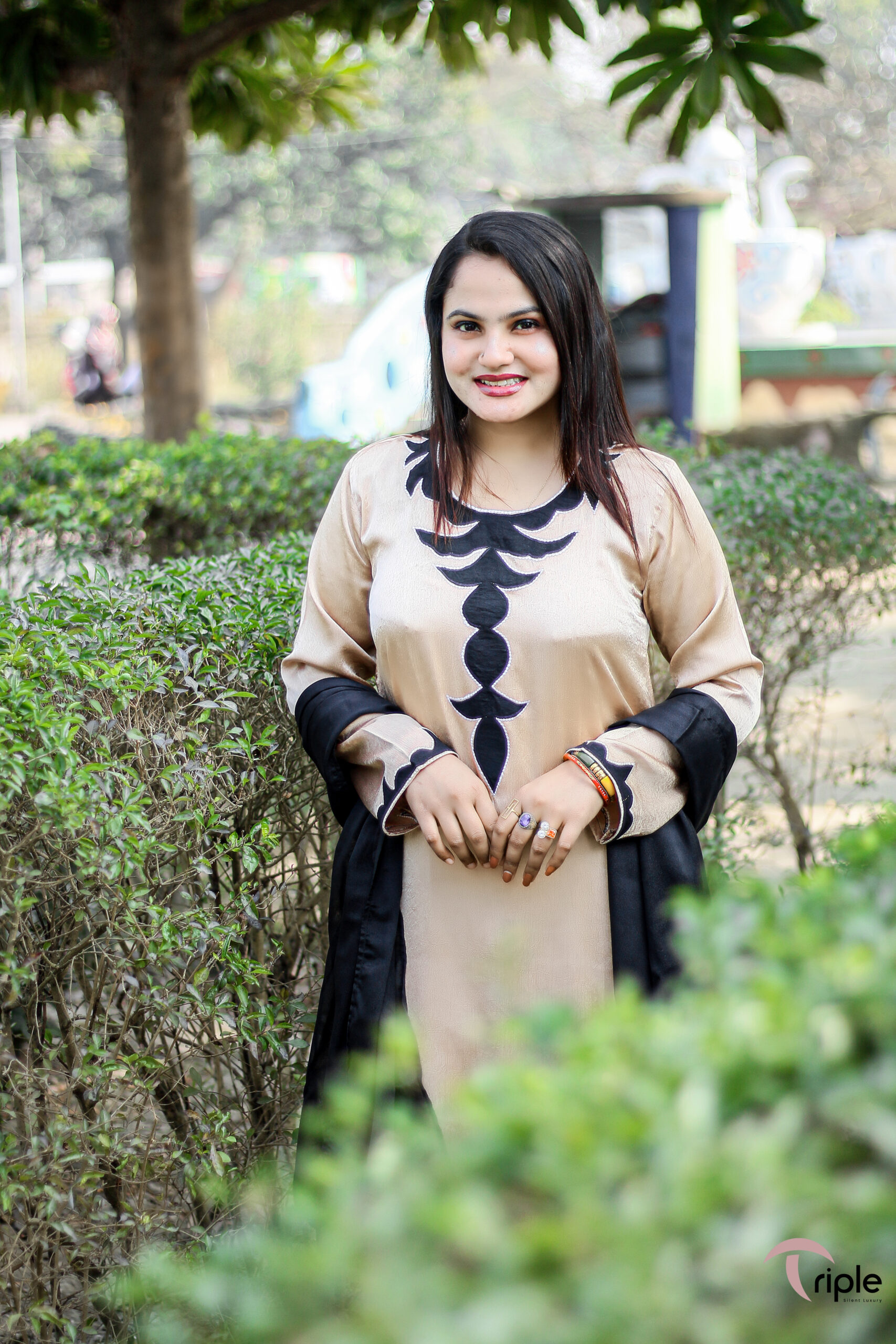 Royal Haven – Golden Dubai Silk Luxury Pret 3-Piece with Black Designer Applique for Women | Triple