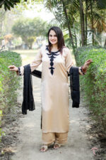 Royal Haven – Golden Dubai Silk Luxury Pret 3-Piece with Black Designer Applique for Women | Triple - Image 4