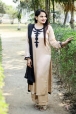 Royal Haven – Golden Dubai Silk Luxury Pret 3-Piece with Black Designer Applique for Women | Triple - Image 5