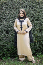 Royal Haven – Golden Dubai Silk Luxury Pret 3-Piece with Black Designer Applique for Women | Triple - Image 2